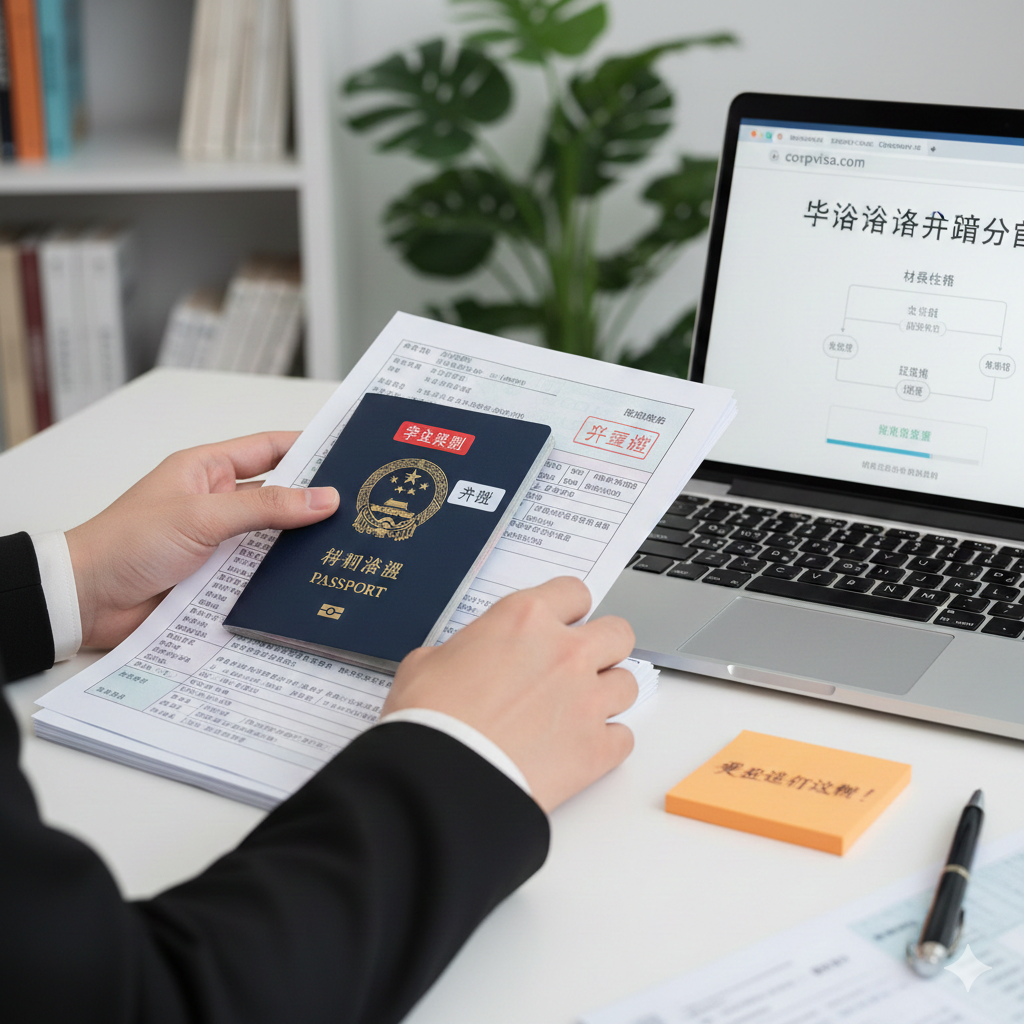 特写视角的教程类图片，聚焦于‘签证申请流程’的严谨性。画面主体是一只手正在整理一叠排列整齐的重要文件，最上方是护照和带有‘APPROVED’（已批准）印章的签证页，下方可见I-20表格或CAS文件的边角。旁边有一台笔记本电脑显示着CorpVisa的签证指导界面或进度条。光线柔和且聚焦，营造出专业、细致、合规的氛围，强调材料准备的完整性。