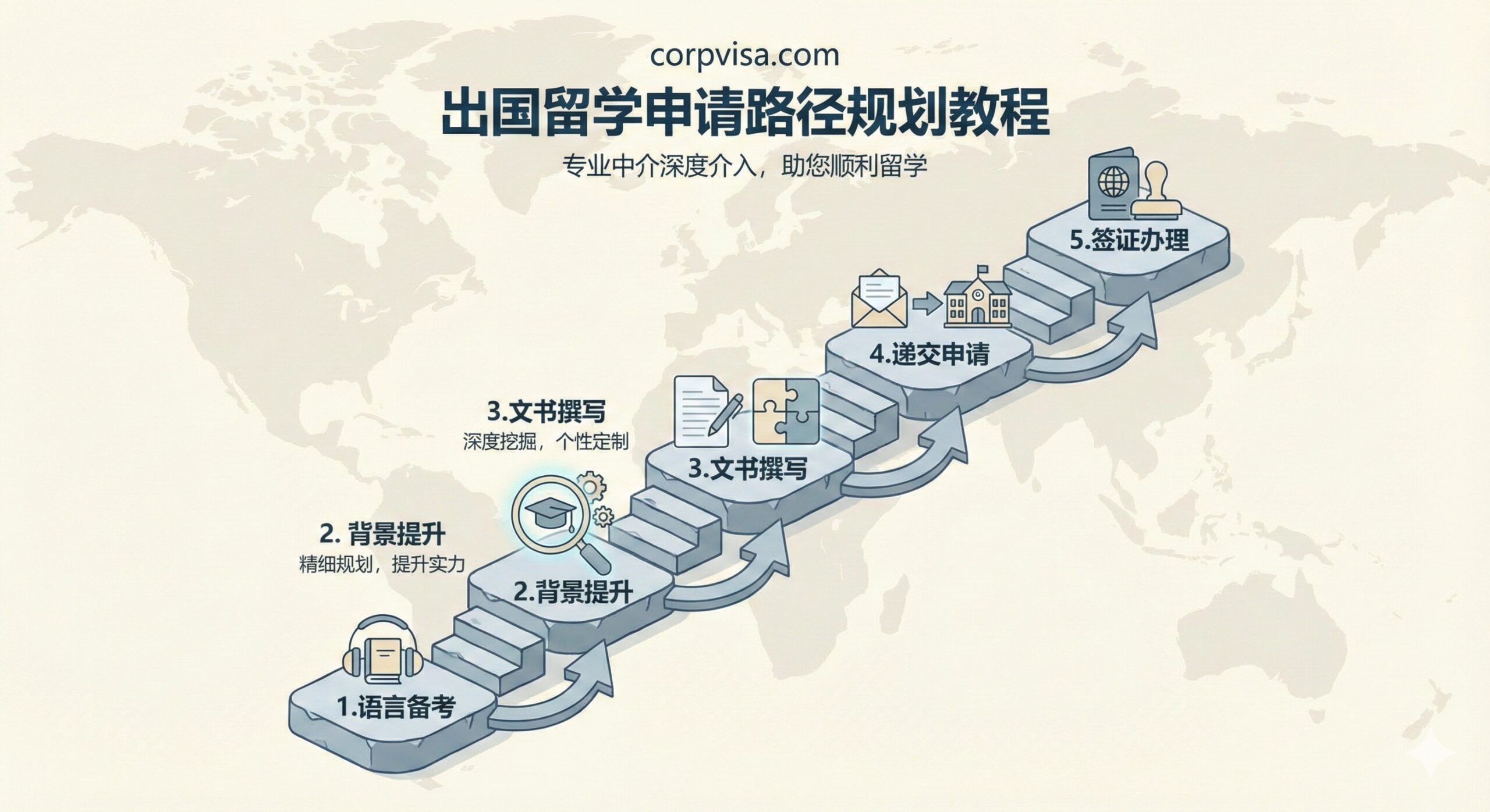 一张清晰的留学申请路径规划图。画面设计为一条蜿蜒向上的阶梯或路线图，每一个节点代表一个关键步骤（如：语言备考、背景提升、文书撰写、递交申请、签证办理）。在‘文书撰写’和‘背景提升’的节点上，有放大镜或拼图的图标，象征Corpvisa的深度介入和精细打磨。背景是淡雅的世界地图纹理。整体设计风格为极简主义的信息图表（Infographic），配色清晰，重点突出，帮助用户理解复杂的申请流程。
