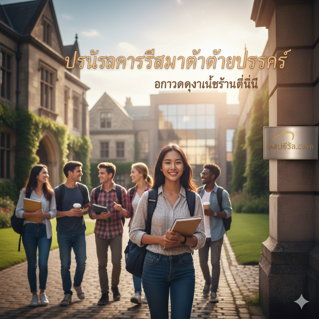 A high-quality cinematic cover image featuring a diverse group of happy international students walking through a historic university campus with a mix of classic and modern architecture. The students are carrying books and tablets, smiling confidently. The lighting is warm morning sun, creating a hopeful and aspirational atmosphere. The composition has a shallow depth of field, focusing on a Thai student in the foreground. Professional photography style with vibrant, natural colors.