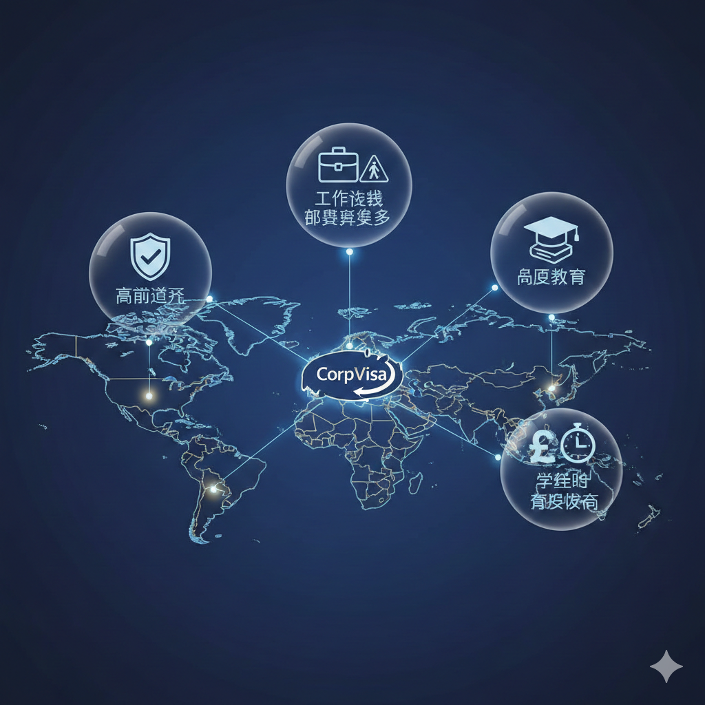 一张清晰的3D风格信息图表，展示世界地图上的主要留学目的地（美国、加拿大、澳洲、英国）。每个国家上方悬浮着代表其核心优势的图标（如通过率盾牌、工作签证公文包、学术帽）。背景采用专业的企业深蓝色调，并配以数据连接线，象征着CorpVisa对全球留学与移民政策的深度对比分析，视觉风格现代、科技感强，体现决策的理性和专业度。