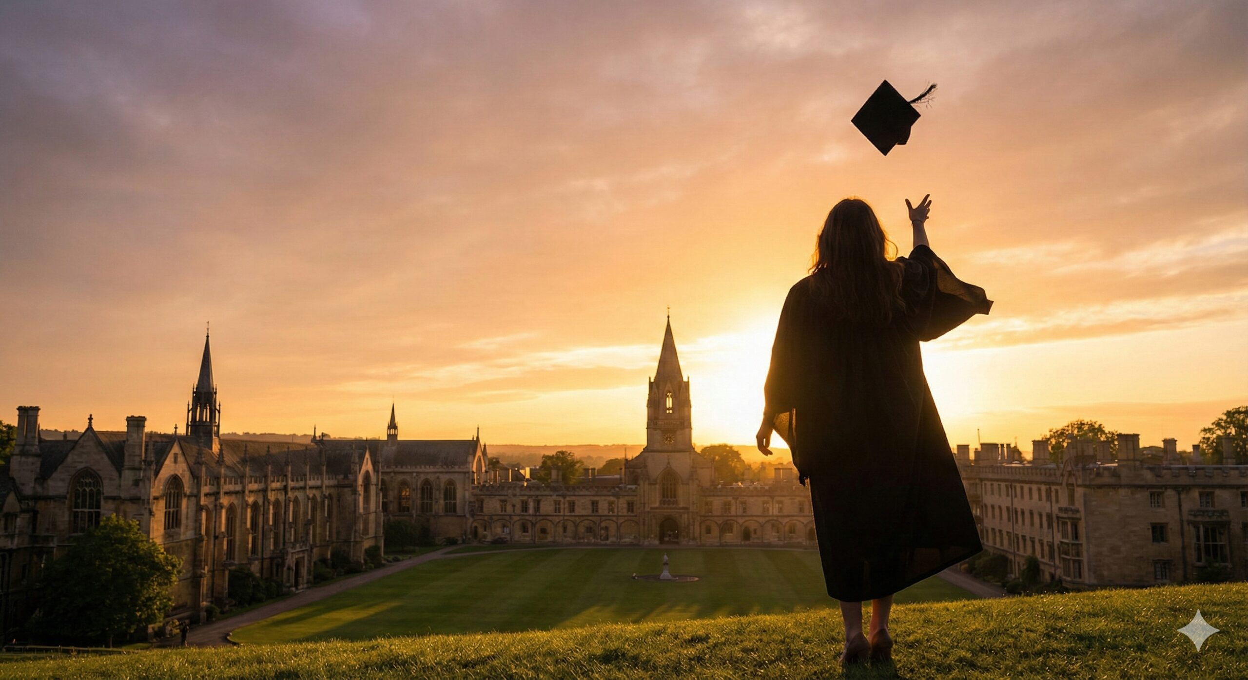 一张极具感染力的情绪摄影图，用于文章结尾升华主题。画面展示了一位留学生在国外知名大学校园草坪上的背影或侧影，正迎着夕阳的余晖自信前行，或者正在抛起学士帽庆祝。光线采用逆光或侧逆光，营造出金色的轮廓光（Rim Light），氛围温暖、励志且感人。构图上方留有大面积天空，寓意海阔凭鱼跃。图片传达出'梦想成真'和'未来可期'的积极情绪，完美呼应文章的总结。