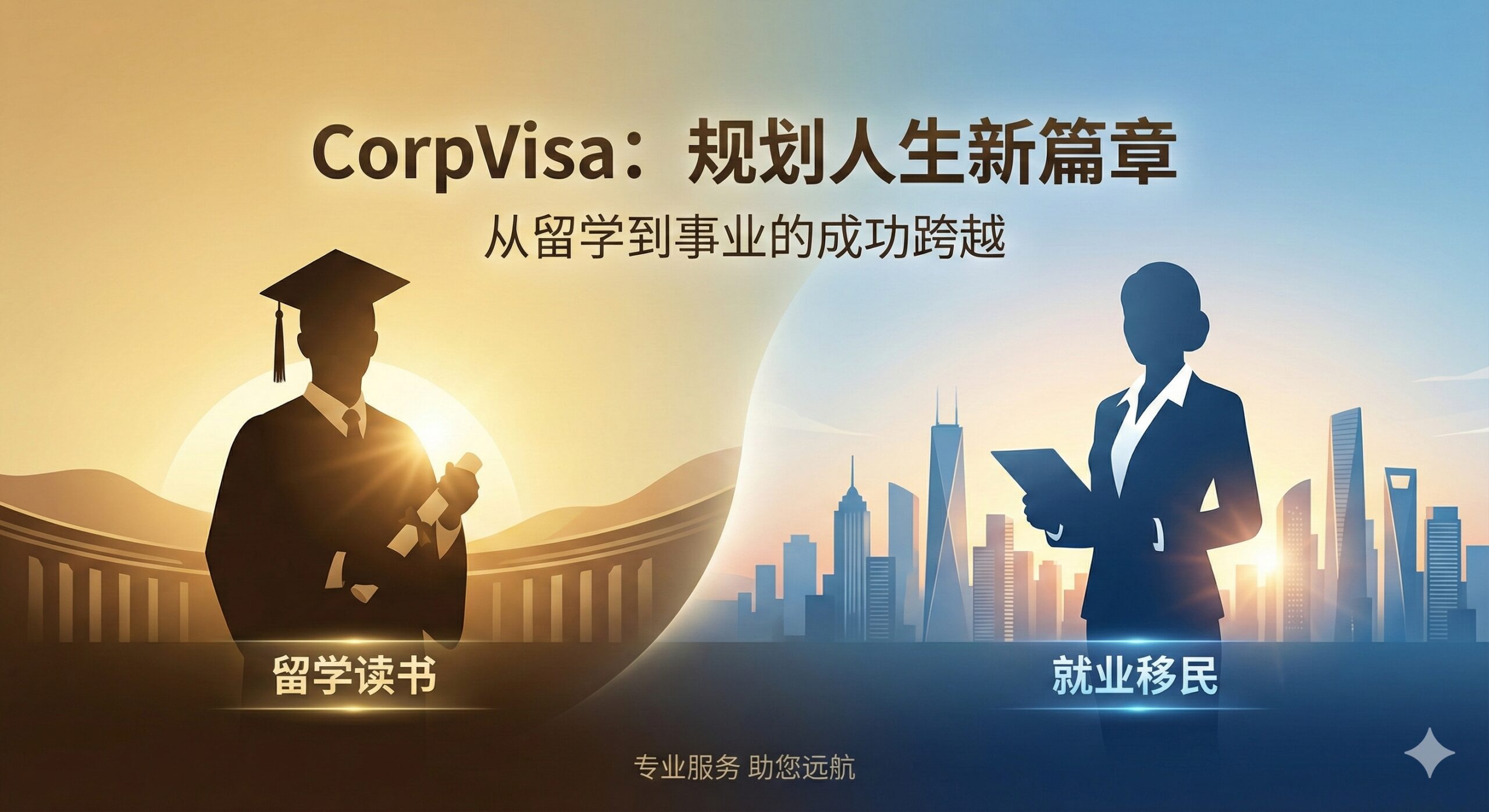 一张充满启发性的总结图片，画面左侧是一位身穿学士服的毕业生剪影，右侧平滑过渡到一位身穿职场西装的专业人士，背景是日出时分的国际化大都市天际线。这种视觉隐喻象征着从'留学读书'到'就业移民'的成功跨越。色调采用金色与蓝色的渐变，寓意着通过CorpVisa的规划，用户将迎来光明的人生下半场，激发用户点击咨询的欲望。