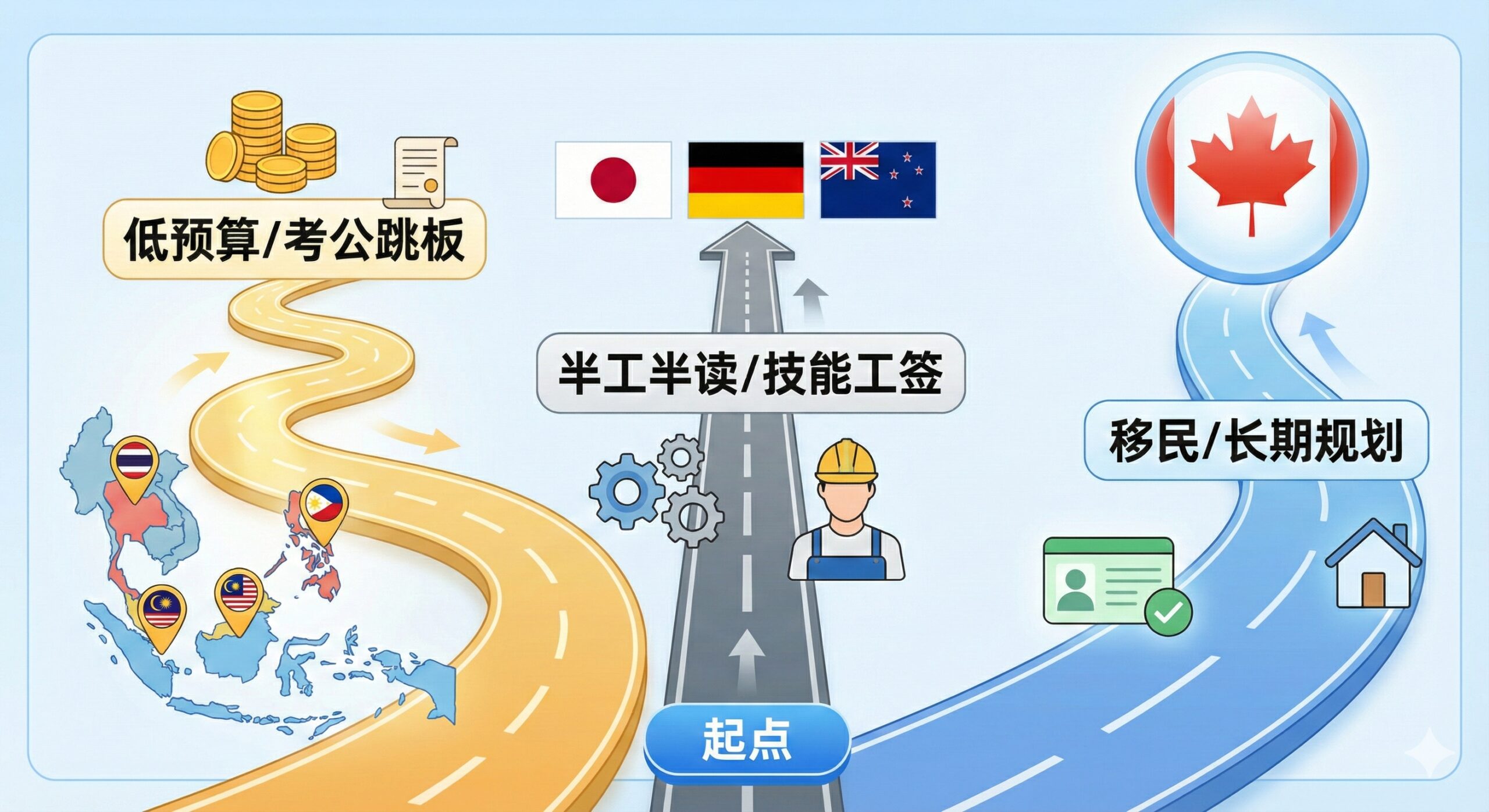 信息图表风格的图片，展示三条分叉的道路，分别代表文中的三个方案。第一条路通向东南亚地图（泰马菲），标注'低预算/考公跳板'；第二条路通向日本/德国/新西兰旗帜，标注'半工半读/技能工签'；第三条路通向加拿大枫叶标志，标注'移民/长期规划'。每条路上有对应的图标元素（如金币、齿轮、绿卡），帮助读者一目了然地对比不同国家的留学性价比和目的。