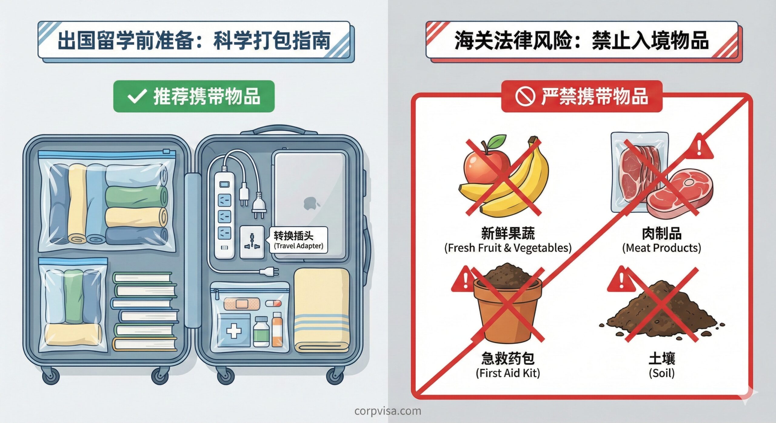 一张具有教学意义的对比构图图片。左侧展示了一个完美收纳的行李箱内部，包含真空压缩袋、转换插头、急救药包等必备品，色调清爽整洁；右侧则是一个带有红色警示边框的区域，展示海关禁止携带的物品图标（如新鲜水果、肉制品、土壤），并打上了红色的叉号。图片风格采用现代扁平化与实物结合的风格，直观地指导用户如何科学打包并规避海关法律风险。