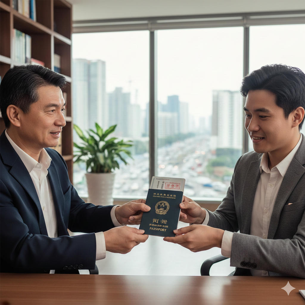 特写镜头展示一位穿着专业商务正装的资深签证顾问正在与客户进行一对一咨询。顾问面带微笑，手中拿着一份盖有'APPROVED'印章的护照文件，递给对面看起来如释重负的客户。背景是模糊的高端办公室环境，透过玻璃墙可以看到繁忙的城市景象。这张图片旨在传递信任感、专业度以及解决疑难签证（如大龄、倒读）成功后的喜悦。