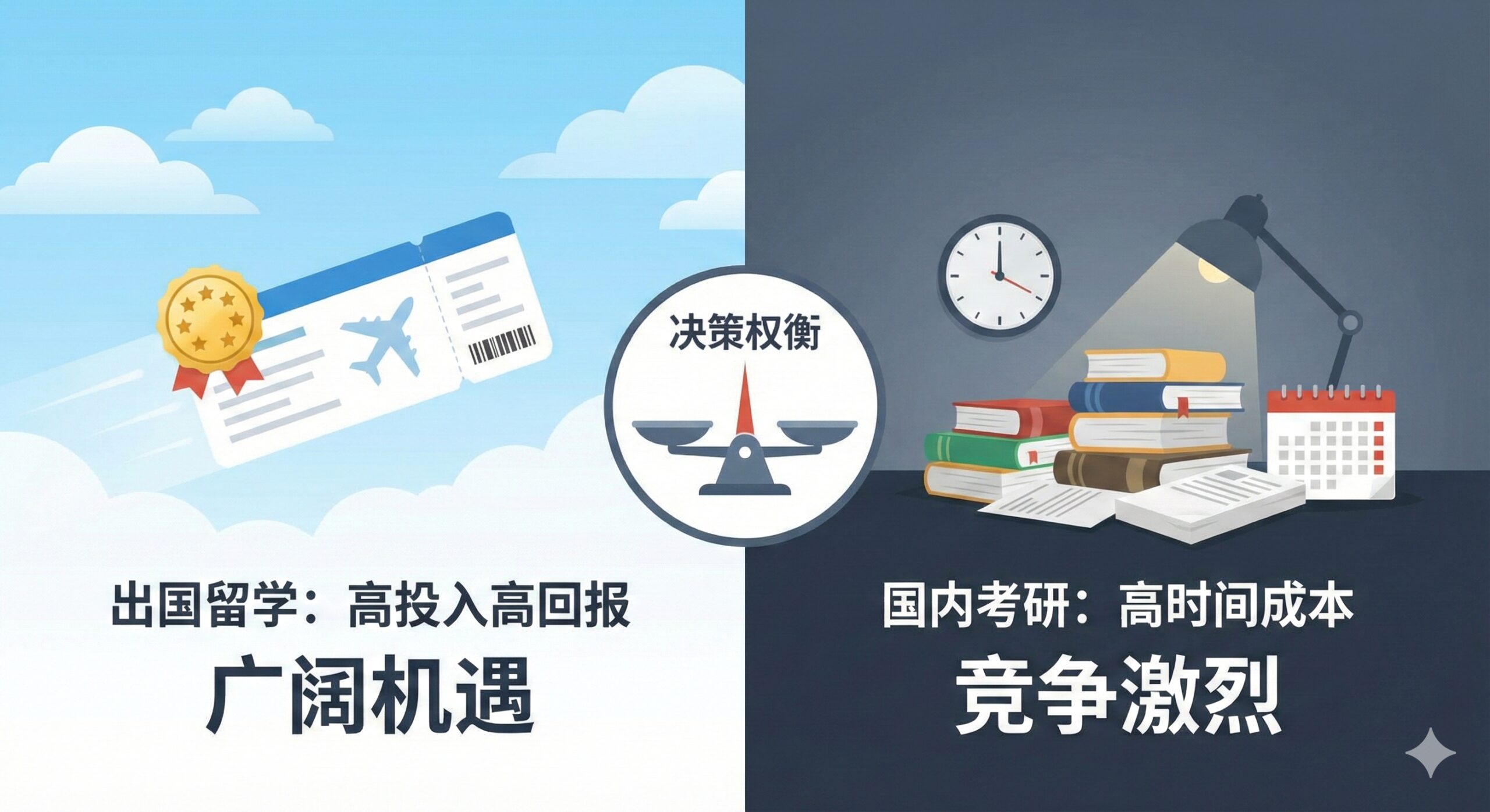一张对比鲜明的概念图，用于展示‘留学 vs 考研’的决策矩阵。画面左侧展示一张飞向蓝天的飞机票和金色的五星评价，代表高投入高回报的留学；画面右侧展示一盏孤灯下堆积如山的复习资料和时钟，代表高时间成本的国内考研。中间有一个天平图标，正在进行权衡。图片色调左侧明亮开阔，右侧略显压抑，视觉上直观呈现两种选择的机会成本差异。