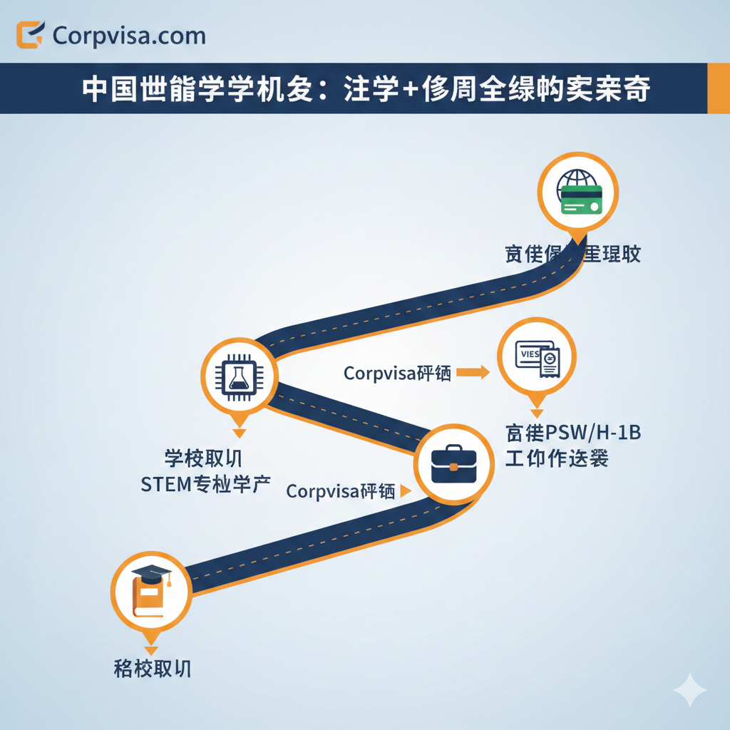 一张扁平化风格的流程示意图，详细展示从“留学申请”到“获得绿卡”的逆向规划路径。画面设计成一条蜿蜒向上的道路，沿途设有四个关键里程碑：名校录取、STEM专业毕业、获得PSW/H-1B工作签证、最终拿到永久居留权。每个节点都有清晰的图标指示，并在关键转折点标注了“Corpvisa规划”字样。配色使用醒目的橙色和沉稳的深蓝，帮助用户直观理解文章中提到的“留学+移民”全链路策略。