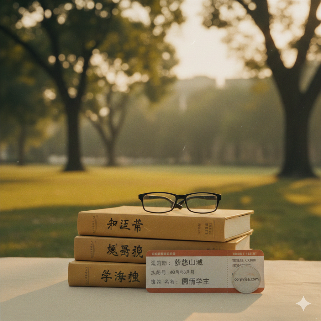 展现圆满结果的总结性意象图。画面中心是几本厚实的学术书籍，上面放置着一副黑框眼镜和一张通往梦想城市的机票。背景是虚化的校园草坪。光影温暖，呈现出一种尘埃落定后的成就感与祥和感。整体氛围宁静而充满力量，象征着留学旅程的完美开启，色彩偏向复古胶片感，极具人文气息。