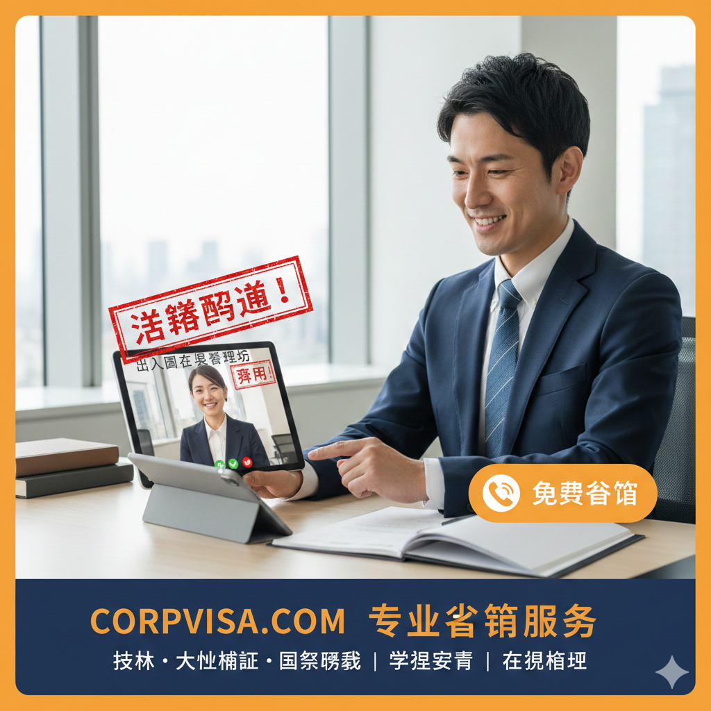 一张总结性质的图片，体现corpvisa.com的专业咨询服务。画面展示一位穿着西装、面带微笑的专业行政书士或顾问，正在与客户进行视频咨询，屏幕上显示着签证申请通过的喜报。背景是简洁的现代办公室。右侧留出空间展示咨询热线图标或‘免费咨询’的文字框。色调温暖亲切，以橙色或蓝色为主，给人以安心和结果导向的印象。