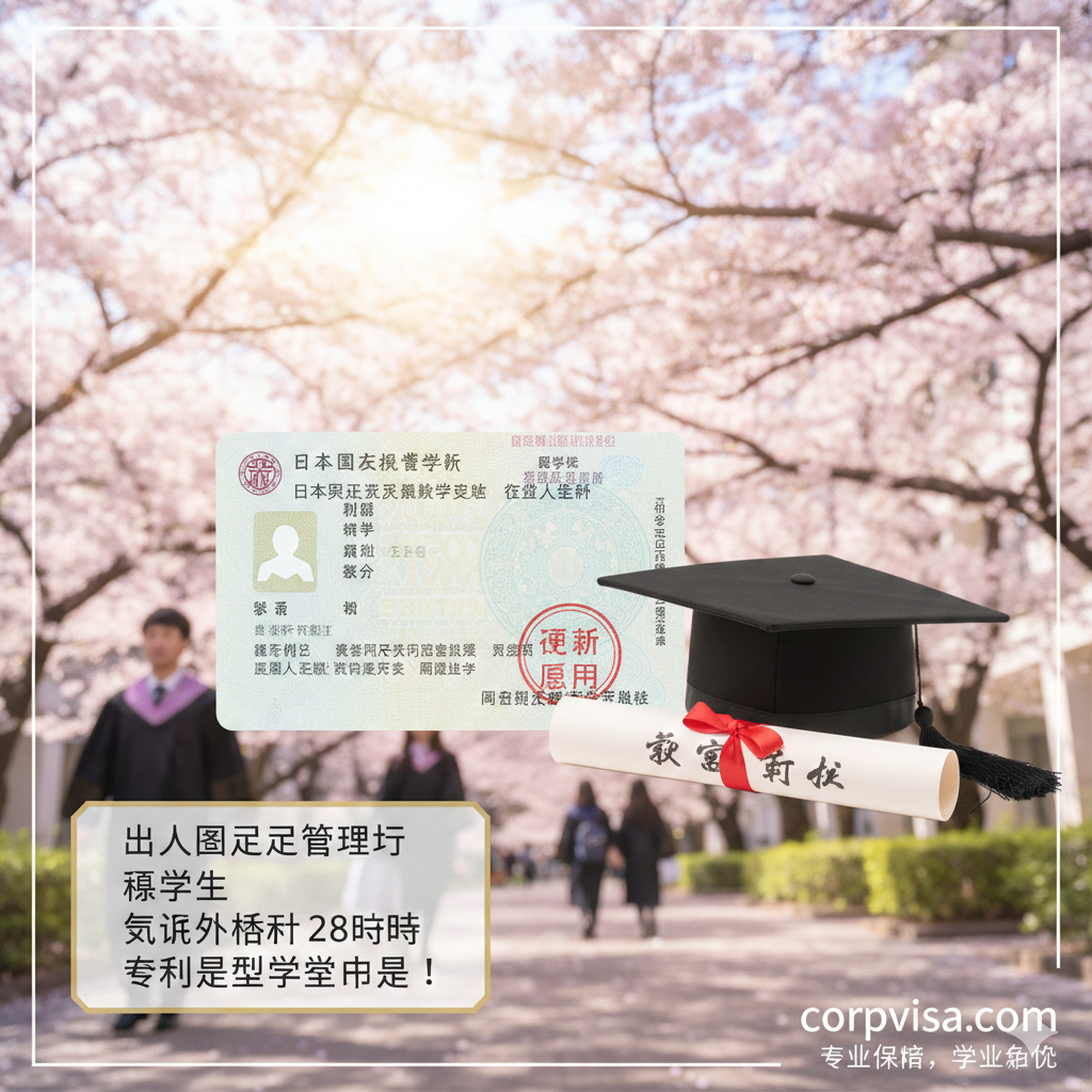总结性构图。画面中央是一张带有更新许可印章的新在留卡，旁边是一顶博士帽或毕业证书，象征通过合规打工最终顺利完成学业。背景是樱花盛开的日本校园。整体色彩充满希望和活力（粉色与亮白色），右下角带有corpvisa.com的品牌标识，传达出‘专业保障，学业无忧’的最终结论。
