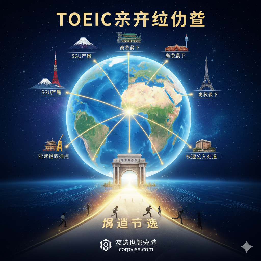 体现TOEIC申请优势的视觉图。画面中心是一个放大的地球仪，上面连接着日本、韩国和欧洲的地标建筑，旁边围绕着“SGU项目”、“商科硕士”等标签。图片展现出一种“快速通道”的视觉隐喻，例如一条发光的路径直接通往名校校门。色彩鲜艳且饱和度适中，画面元素丰富但不拥挤，强调沃达助力学子‘弯道超车’的核心价值。