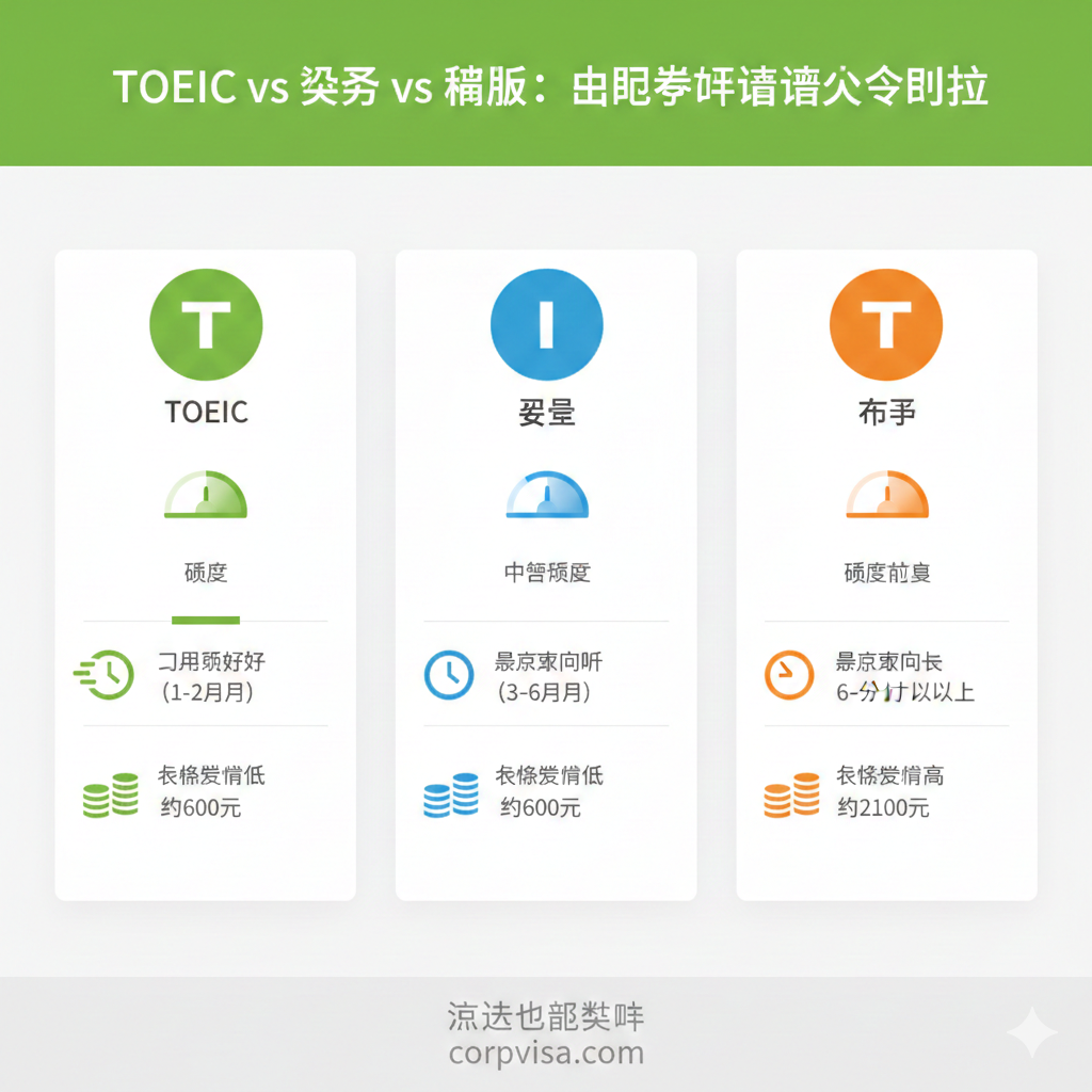 展示TOEIC、雅思、托福三者对比的功能性信息图表。采用简洁的扁平化UI设计风格，利用对比明显的卡片式布局。图片中包含象形图标，如代表难度的梯度计、代表时间的时钟以及代表费用的金币符号。色彩运用上，用醒目的绿色或高亮色标注出TOEIC在周期和成本上的独特优势，文字清晰，整体视觉效果清爽，适合网页快速阅读。