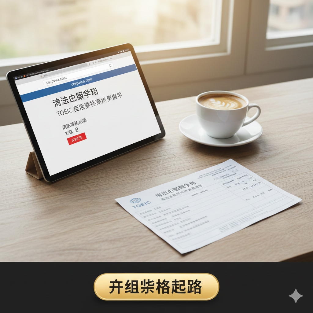 文章总结部分的意向图。画面展示一张整洁的桌面，上面放着平板电脑，屏幕上显示着corpvisa.com官网页面。旁边是一杯咖啡和一份TOEIC高分成绩单。整体风格温馨且具有生活气息，色调温暖。在画面上方或下方设计一个醒目的按钮区域提示，象征着通过沃达出国留学，美好的未来就在指尖。构图平衡，给人以安心和可信赖的感觉。