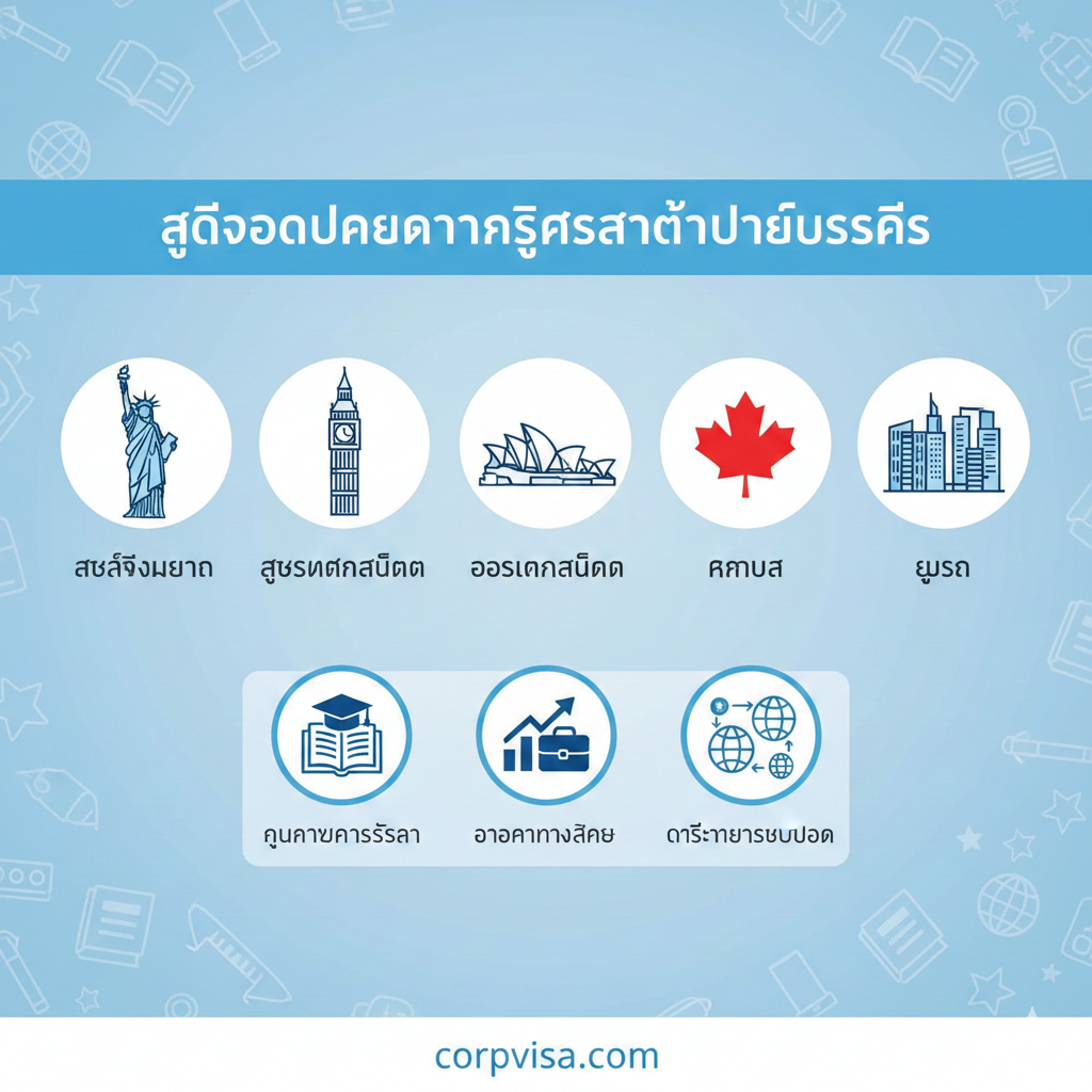 An infographic-style feature image showcasing landmarks from the top 5 study destinations: the Statue of Liberty (USA), Big Ben (UK), Sydney Opera House (Australia), a maple leaf (Canada), and a modern European city skyline. The design is clean and modern, using a corporate blue and white color palette consistent with corpvisa.com. Icons representing quality education, career opportunities, and global networking are subtly integrated into the background.