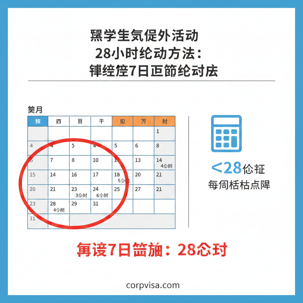 一张清晰的逻辑流程图或日历示意图。展示‘连续7日滚动计算法’。画面中有一个日历表，用醒目的红色圆圈圈出任意连续的七天，并标注总和。右侧配有计算器图标和‘≤28h’的数学符号。整体风格为扁平化信息图，配色清新（白底配蓝橙色块），确保用户能一眼看懂复杂的计算逻辑。