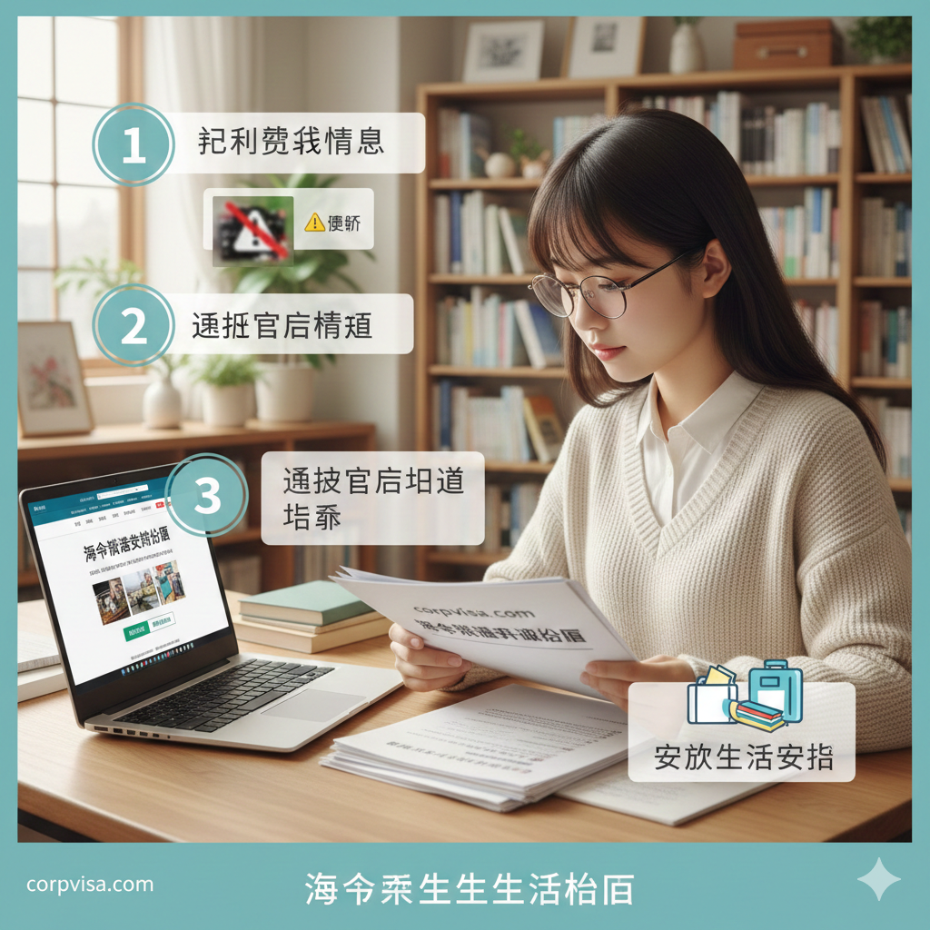 教程指导图。展示一位亚裔女留学生正在认真查看手上的签证申请文件。画面中出现了明显的指示箭头和图标，按步骤标注了1-2-3。侧面背景是温馨的日式图书馆或自习室。采用自然光照明，色彩柔和，给人一种可靠、踏实的指导感，帮助留学生了解如何绕过网络陷阱，正确获取生活支持。