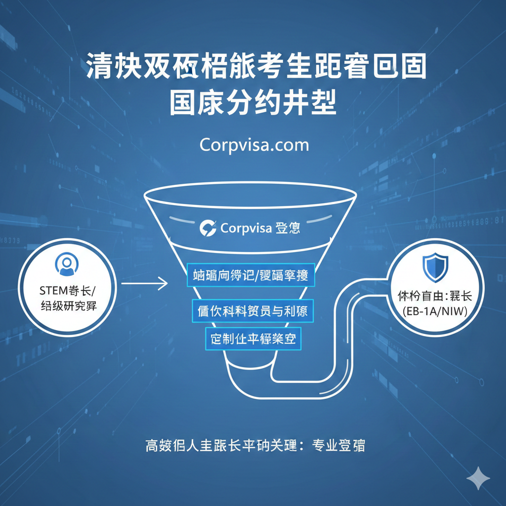图片旨在视觉化呈现高学历人才如何通过NIW/EB-1A锁定选择权的过程。采用流程图或管道图设计。流程始于“STEM博士/高级研究员”，通过一个带有“Corpvisa 评估”标志的漏斗，流向终点“身份自由：绿卡”。漏斗过程中的关键步骤应被高亮，如“挖掘论文引用/审稿经验”。背景可以融入一些抽象的科技感线条 and 数据流，暗示专业和效率。整体色彩应是蓝白色调，给人以清晰、可操作的指引感。