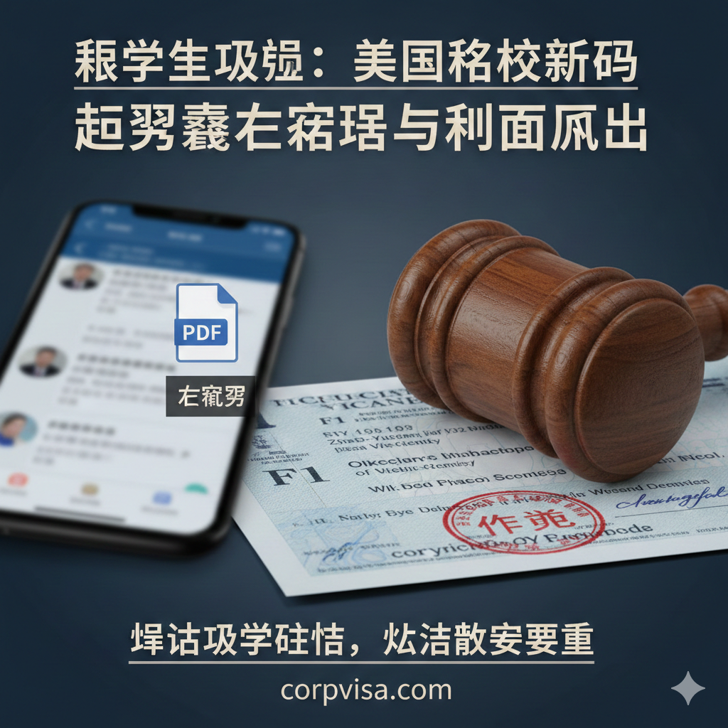 一张极具视觉冲击力的社论风格封面图。画面左侧展示模糊的社交媒体聊天记录界面和一个标有'PDF'字样的文件图标，象征着网络流传的'六宗罪'瓜料；画面右侧则是一把清晰威严的法官木槌和一张被盖上鲜红'REVOKED'（撤销）印章的美国F1签证页。背景采用深蓝与灰色的渐变色调，营造出严肃、压抑的法律氛围，警示留学生吃瓜背后的严重法律后果。