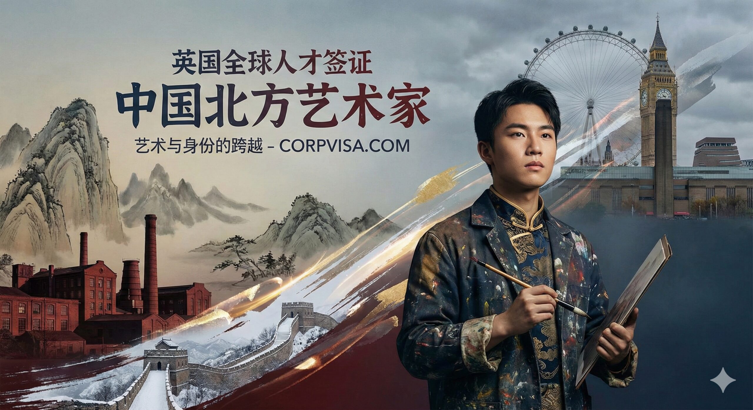 图片应体现中英文化与艺术的融合。前景是一个年轻的亚洲面孔艺术家（代表中国北方艺术家），眼神坚毅，穿着带有艺术气息的服装。背景左侧是具有北方工业或地域特色的抽象元素（如红砖、雪景、或长城意象），右侧是英国的标志性建筑剪影（如伦敦眼、大本钟或泰特现代美术馆）。整体采用深沉而富有层次感的色调，强调艺术的张力与身份突围的主题。构图采用对角线或S形引导线，象征从起点到目标的路径。