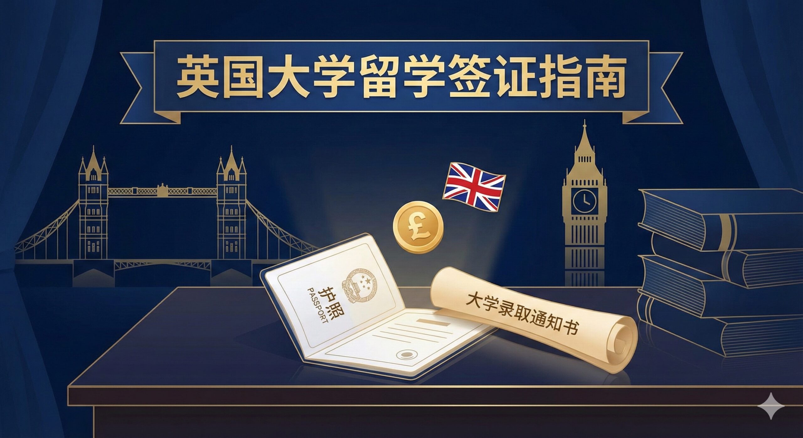 一张醒目的文章封面图。主体元素是英国标志性建筑的剪影，如伦敦塔桥（Tower Bridge）、大本钟（Big Ben）和一摞学术书籍。背景色调采用庄重、专业的深蓝色和金色，营造出专业和精英教育的氛围。前景是一个正在打开的护照（象征出国）和一张大学录取通知书（Offer），上方悬浮着英镑符号和“🇬🇧”国旗标志。整体构图大气，色彩对比鲜明，突出“英国大学出国留学”的主题和Corpvisa的专业性。