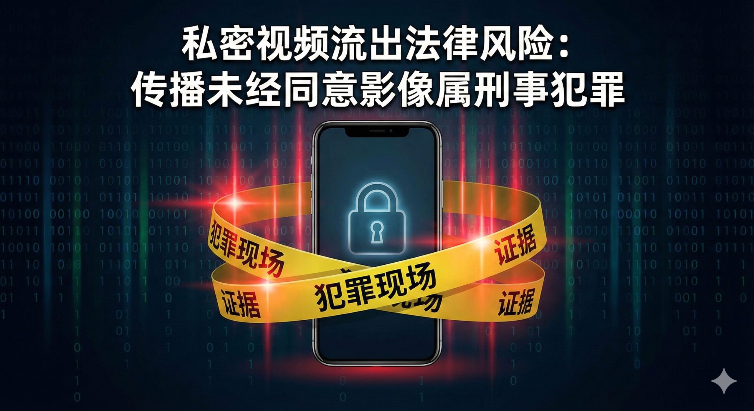 展示'私密视频流出'法律风险的概念插图。画面中心是一部手机，屏幕上显示着锁定的图标，手机周围缠绕着写有'CRIME SCENE'（犯罪现场）和'EVIDENCE'（证据）的黄色警示胶带。背景是暗色调的数字二进制代码流，其中混合着红色的警灯光效，象征着传播未经同意的影像（Revenge Porn）在美国属于刑事犯罪。风格偏向网络安全与法治新闻插图。