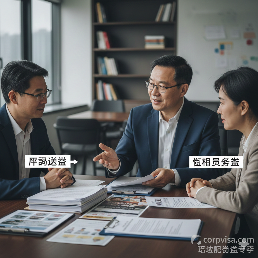 一张体现专业优势的商务风图片。画面展示一位资深顾问正与一对家长进行深入沟通，桌面摆放着厚实的签证申请材料和法律文书。重点突出‘陪读签证’和‘监护人制度’的字样。背景模糊化，突出前景中严谨、可靠的专业氛围。色调以商务蓝和高级灰为主，传达出corpvisa.com在低龄留学签证领域深厚的核心竞争力和安全保障感。