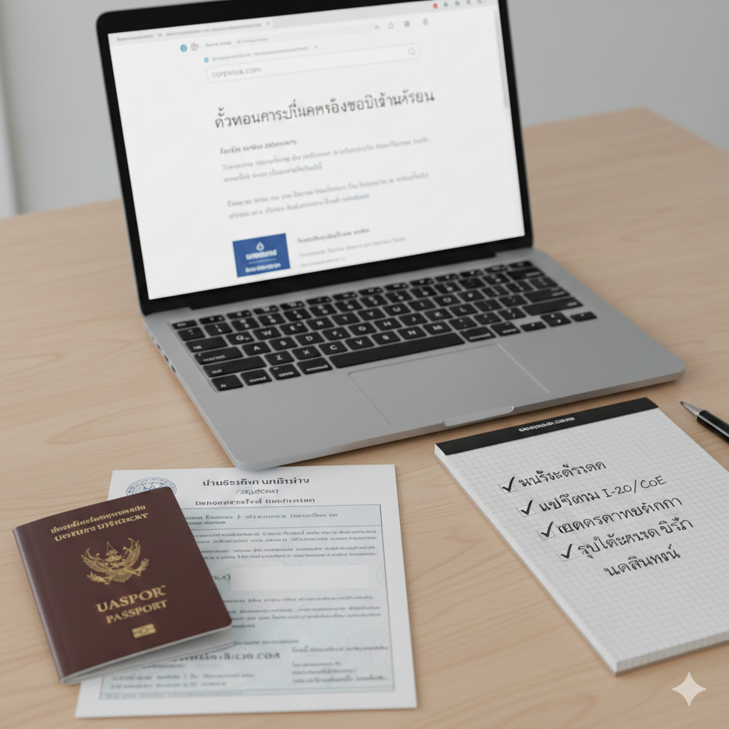 A detailed close-up shot of a well-organized workspace showing a passport, a university offer letter (I-20/CoE), and a laptop displaying the corpvisa.com website. Beside the laptop is a neatly written checklist for a student visa application. The aesthetic is professional and organized, using soft office lighting and a minimalist desk setup to represent a clear, step-by-step tutorial process for document preparation.