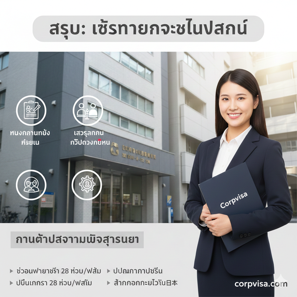 A summary image showing a successful transition from a student visa to a work visa. It depicts a happy young professional standing in front of a Japanese corporate building, holding a folder with the Corpvisa logo. Icons representing 'No Overwork', 'High Attendance', and 'Legal Compliance' are subtly integrated as clean, flat-design symbols in the background. The lighting is bright and celebratory, symbolizing a successful career path in Japan after following all immigration rules.