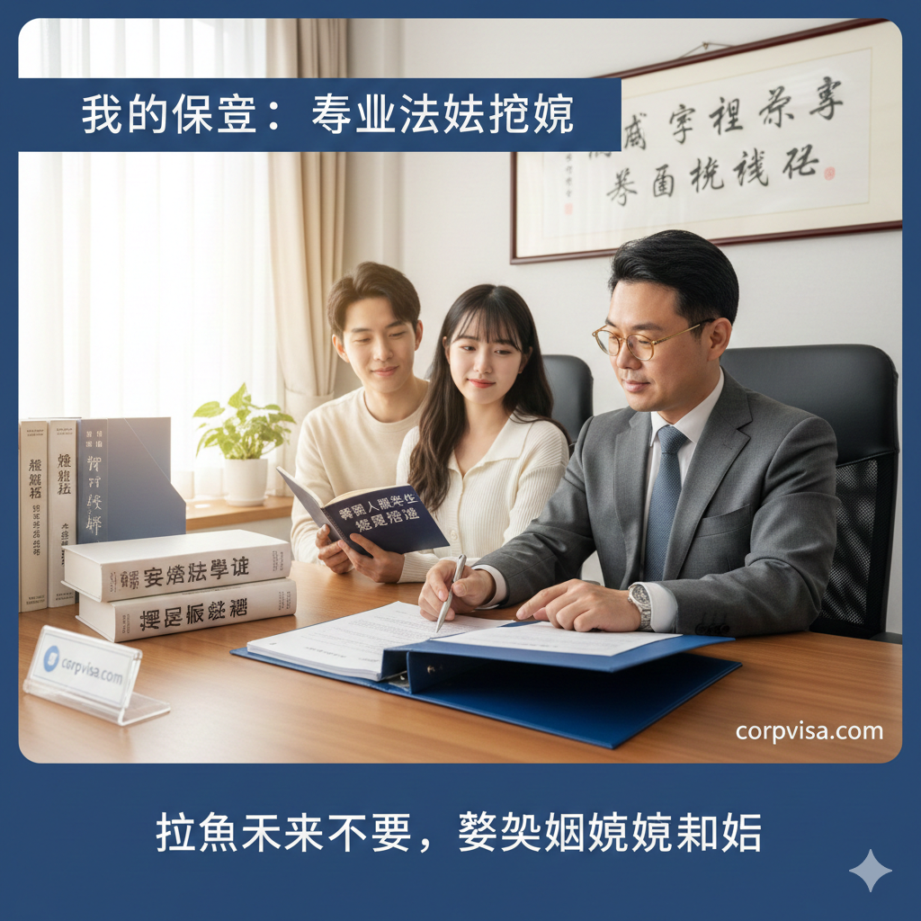 一张体现专业性与信任感的图片，针对Corpvisa的法律服务优势。场景设定在专业的行政书士事务所内，一位穿着职业装的行政书士正在为一对日韩跨国情侣讲解文件（留学签证转配偶签证的申请表）。桌面整洁，放着法律书籍和档案夹。光线采用专业的冷暖结合，人物表情专注且安心，突显出专业法律支持能消除‘未来的不安’，确保护航跨国婚姻。