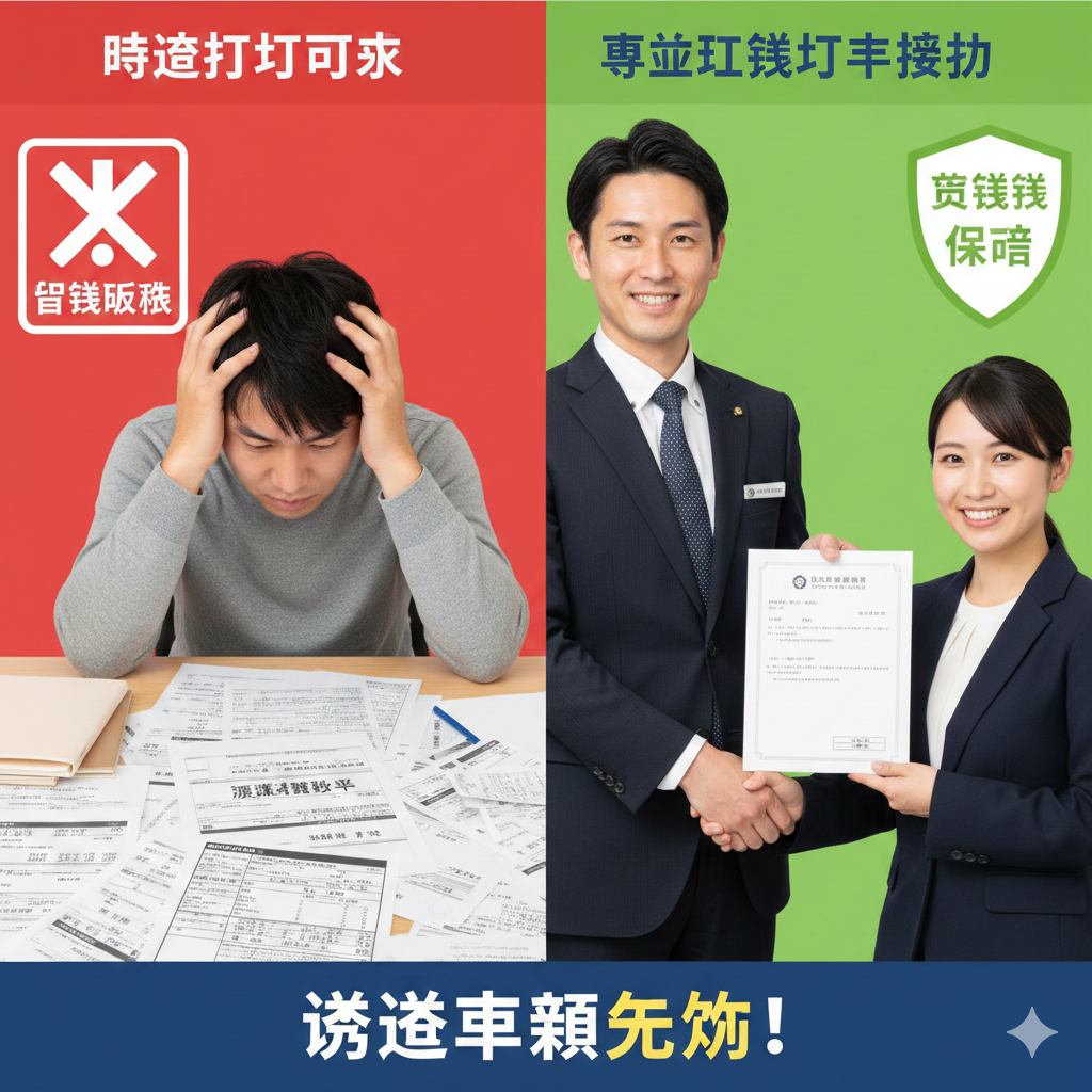 一张强调专业行政书士服务的对比图片。画面左侧展示一名焦虑的留学生面对成堆的工资单和复杂的税务表格（源泉征收票），背景是红色的拒签风险符号；画面右侧展示corpvisa.com的专业行政书士自信地握手或递交整理好的合规文件，背景是绿色的获签盾牌。通过对比突显专业法律援助在处理超时打工风险和签证更新时的关键优势。