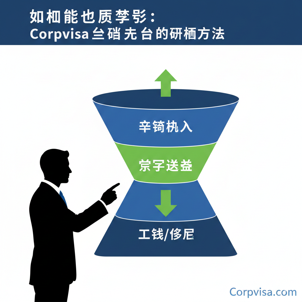 此图用于展示文章核心的“以终为始”的留学规划方法，强调 Corpvisa 的签证专家视角。图片主体应是一个简化的流程图或漏斗模型。漏斗的顶部是“申请入学（Apply for Offer）”，中间是“留学签证（Student Visa）”，底部是“工签/移民（Work Permit/PR）”。流程图中的箭头应从下往上反推，突出“以终为始”的策略。色彩使用商务蓝和亮绿色，强调规划和成功。旁边配有一个穿着西装的专业顾问（象征签证专家）的侧影，手指着流程图的底部，表示从移民目标反推。风格为清晰、信息图表化的设计。